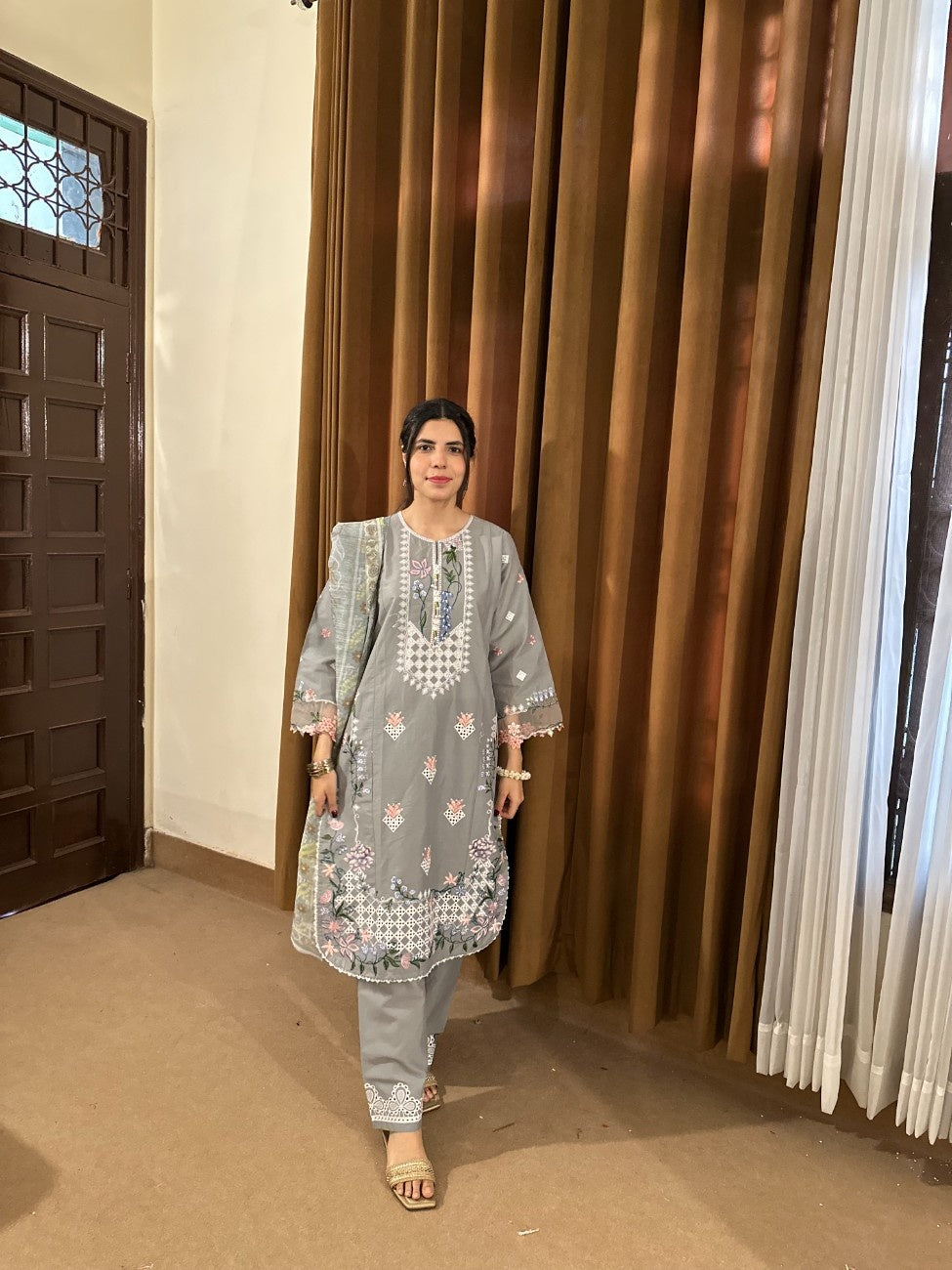 Elegant Grey Embroidered 3-Piece Cotton Suit by AttirePret - Brands Kahani