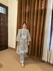 Elegant Grey Embroidered 3-Piece Cotton Suit by AttirePret