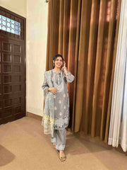 Elegant Grey Embroidered 3-Piece Cotton Suit by AttirePret