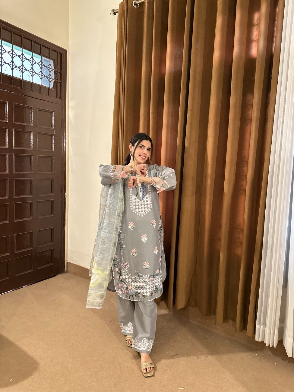 Elegant Grey Embroidered 3-Piece Cotton Suit by AttirePret - Brands Kahani