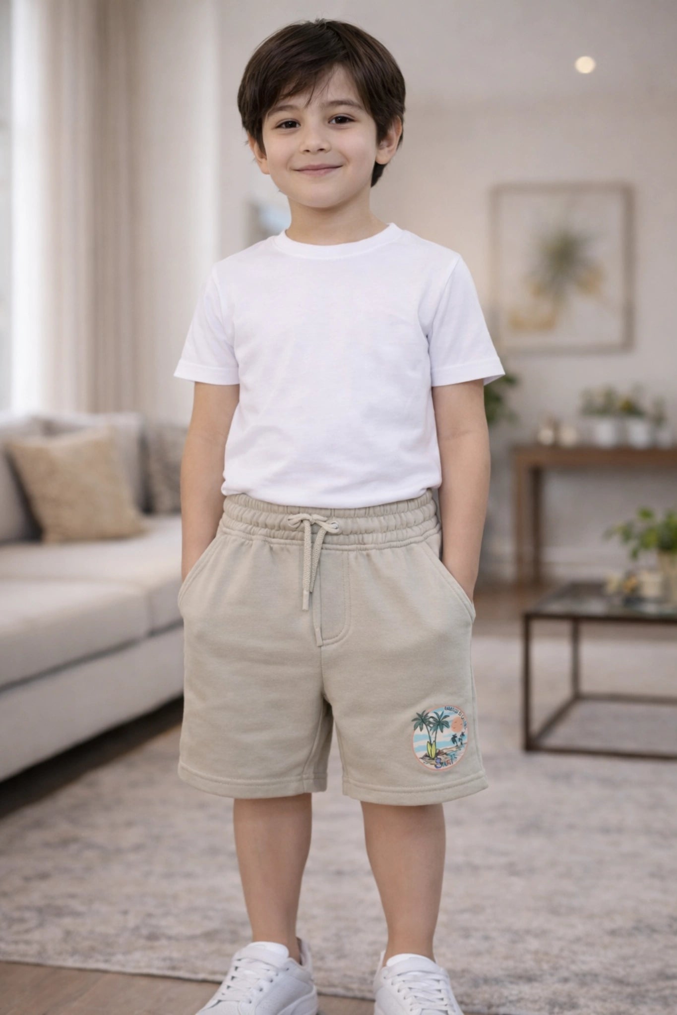 Boys Beige Cotton Shorts Printed Casual Wear