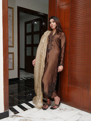 Elegant Chocolate Brown Embroidered  Suit – 3 Piece