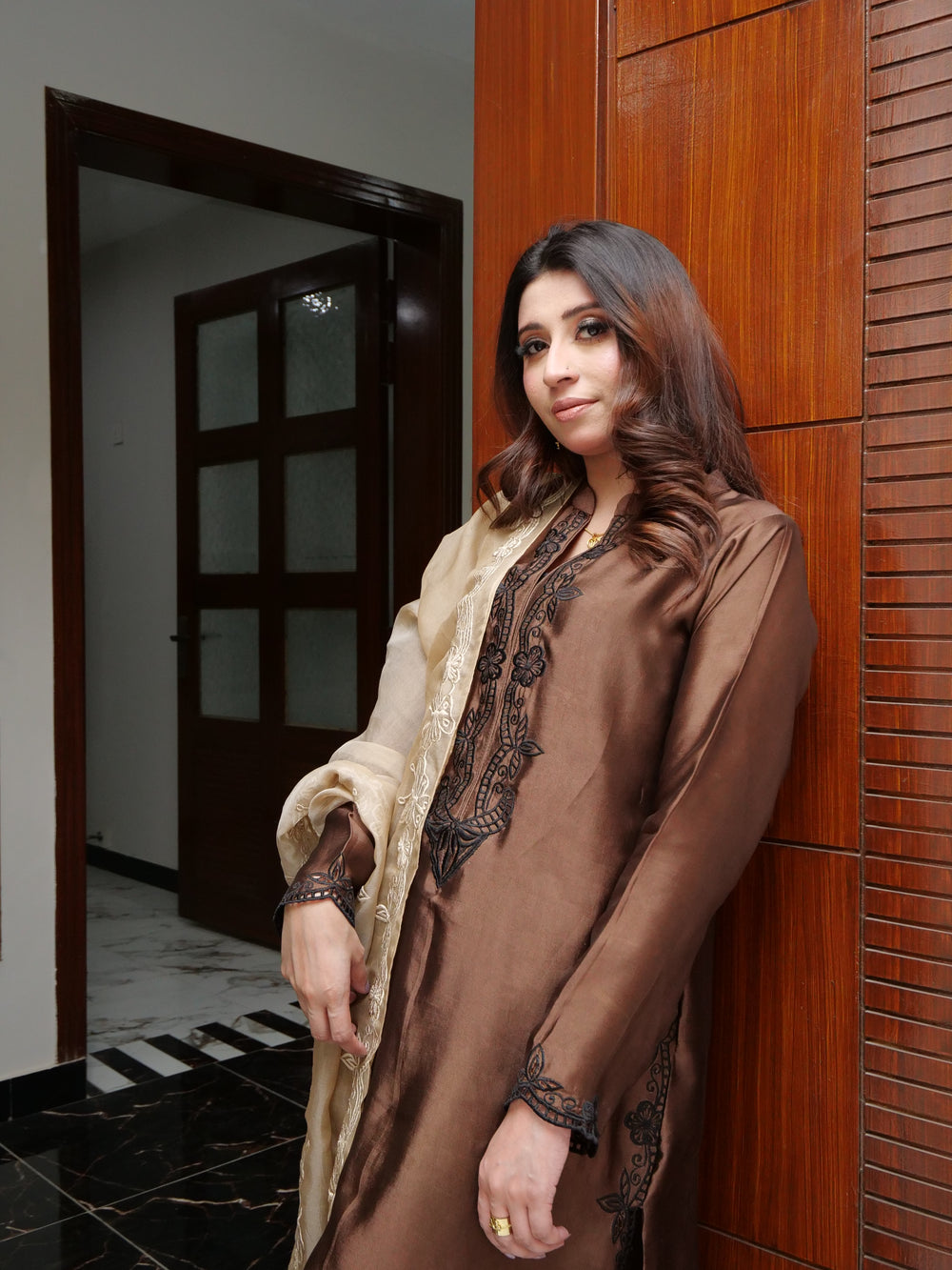 Elegant Chocolate Brown Embroidered  Suit – 3 Piece - Brands Kahani