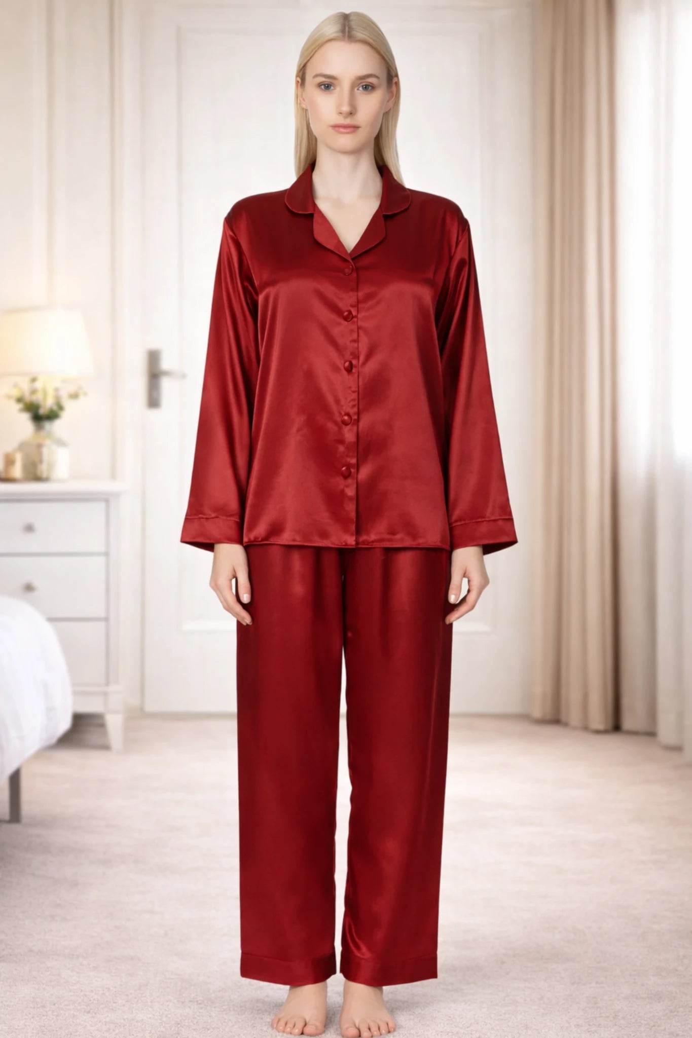 Women’s Silk Night Suit – Full Sleeves & Trouser Set