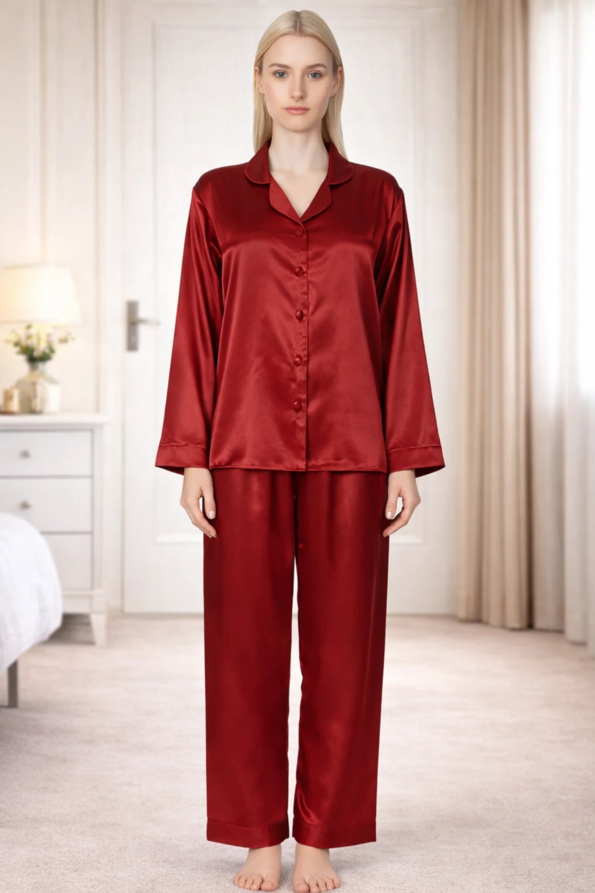 Women’s Silk Night Suit – Full Sleeves & Trouser Set