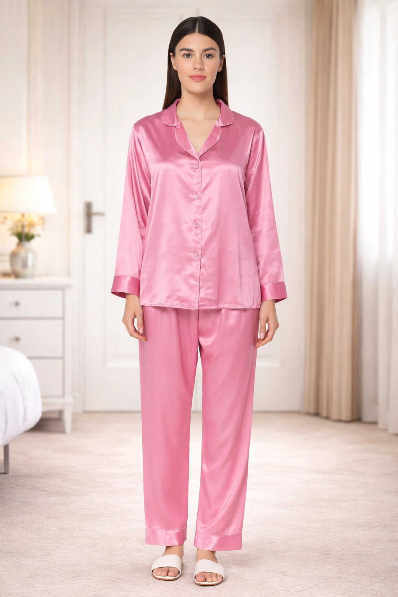Women’s Silk Night Suit – Full Sleeves & Trouser Set