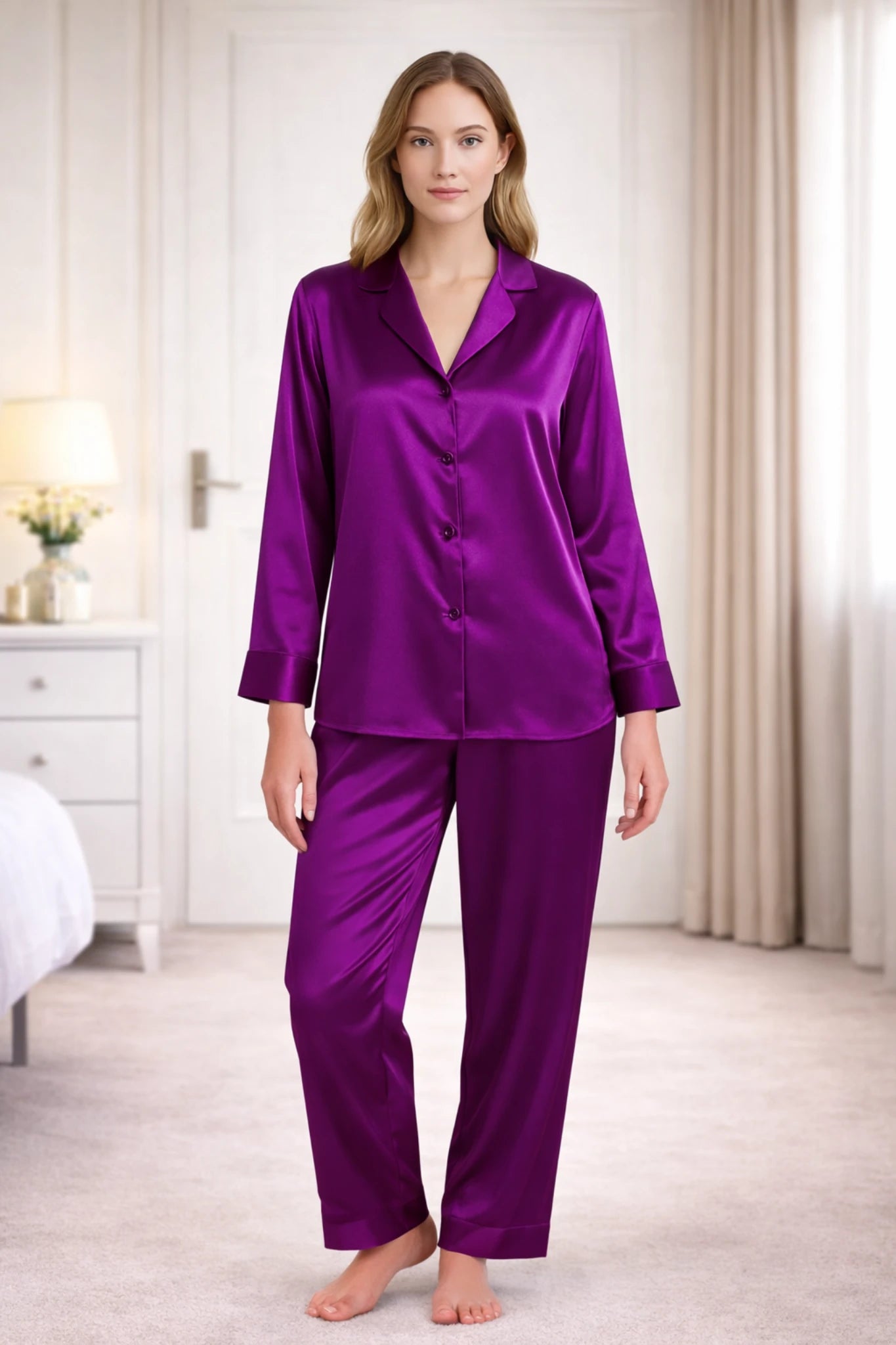 Women’s Silk Night Suit – Full Sleeves & Trouser Set