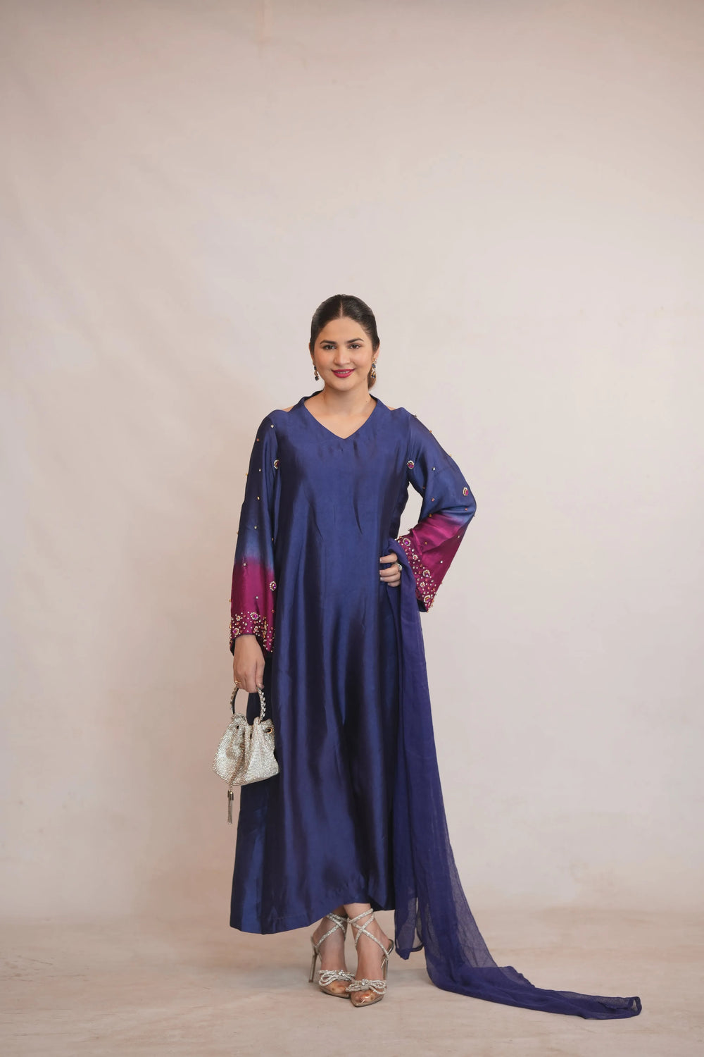 Royal Blue Silk Long Frock with Embellished Sleeves – Luxury Formal Wear - Brands Kahani