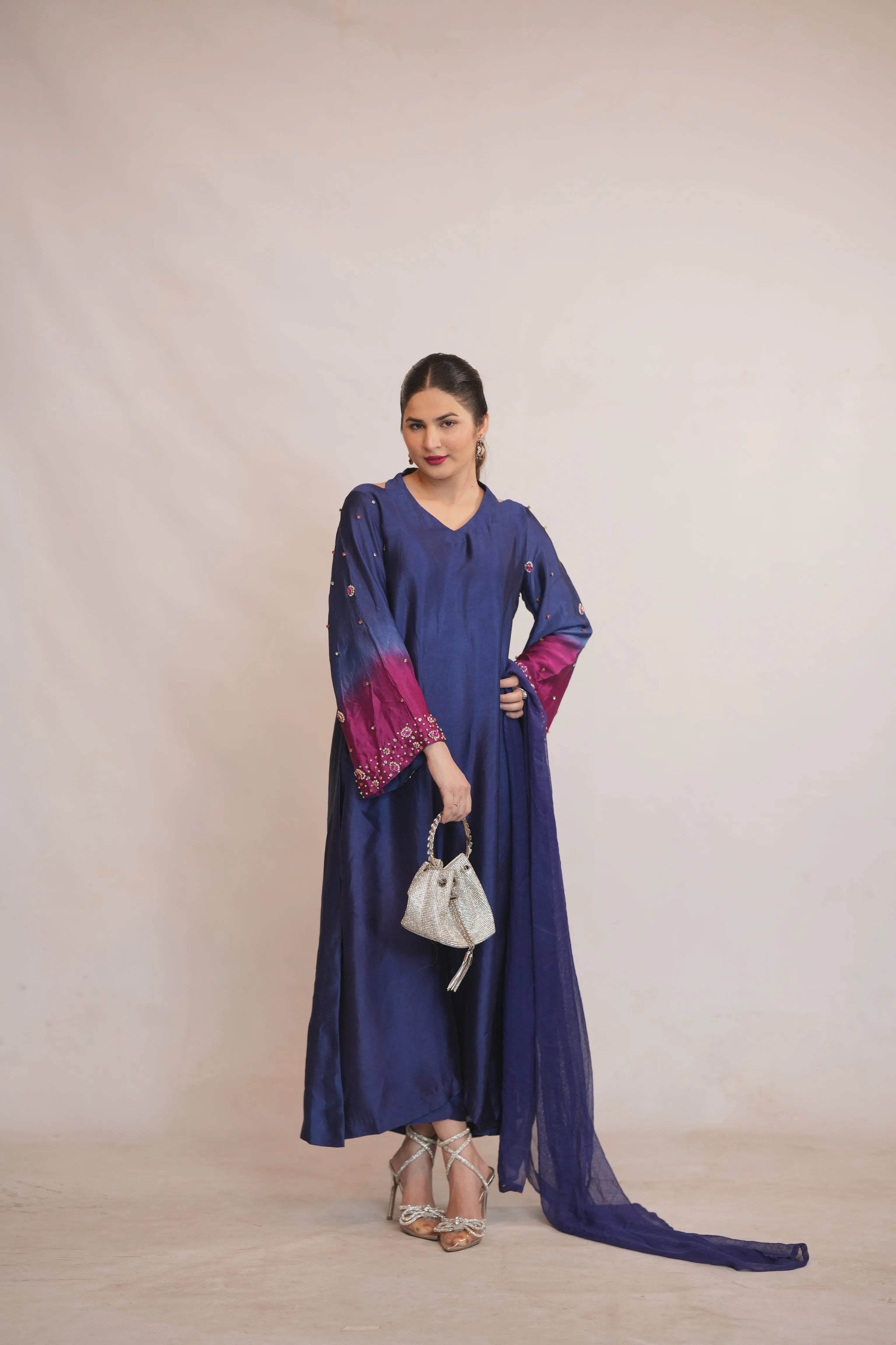 Royal Blue Silk Long Frock with Embellished Sleeves – Luxury Formal Wear - Brands Kahani