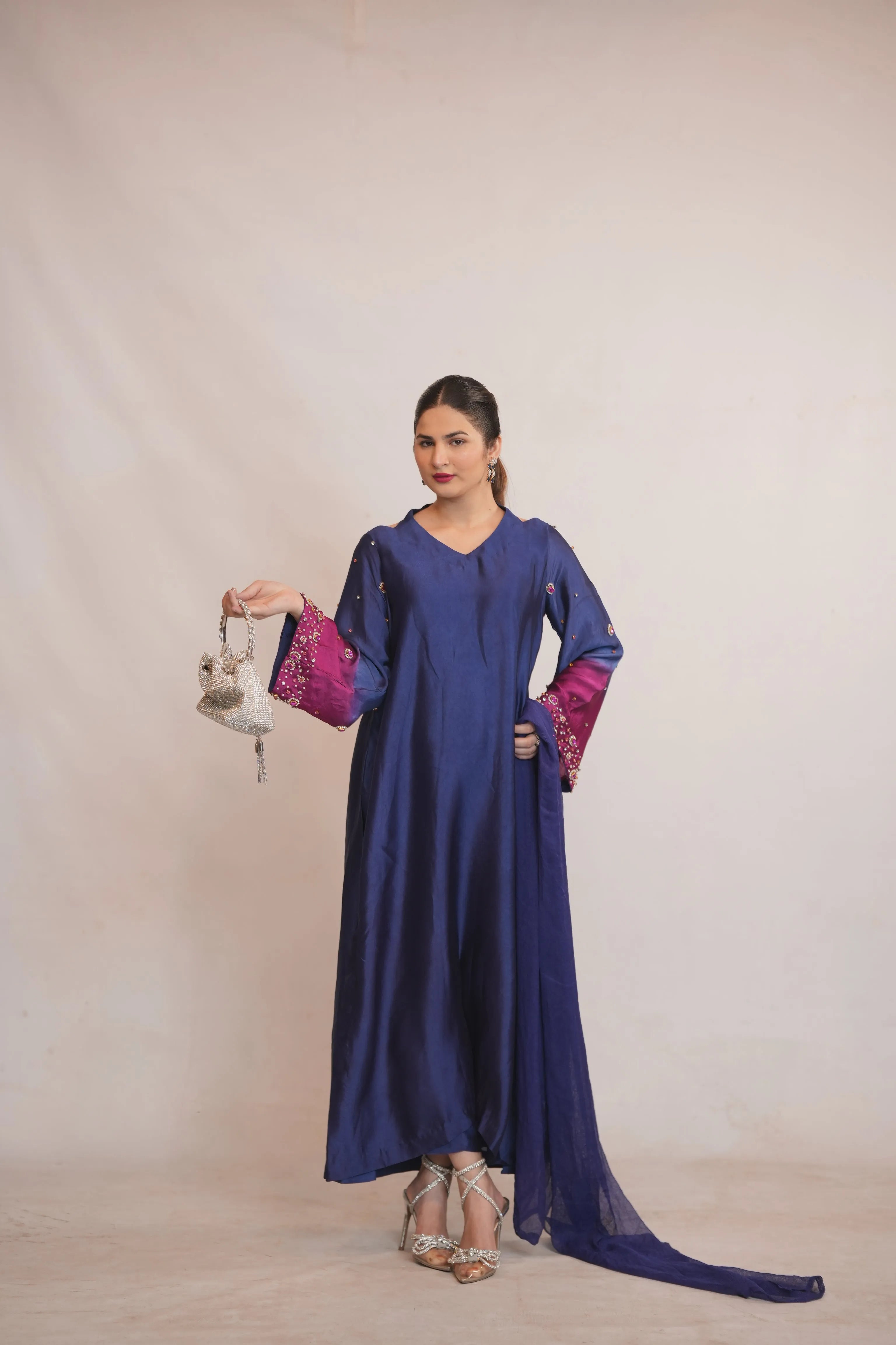 Royal Blue Silk Long Frock with Embellished Sleeves – Luxury Formal Wear - Brands Kahani