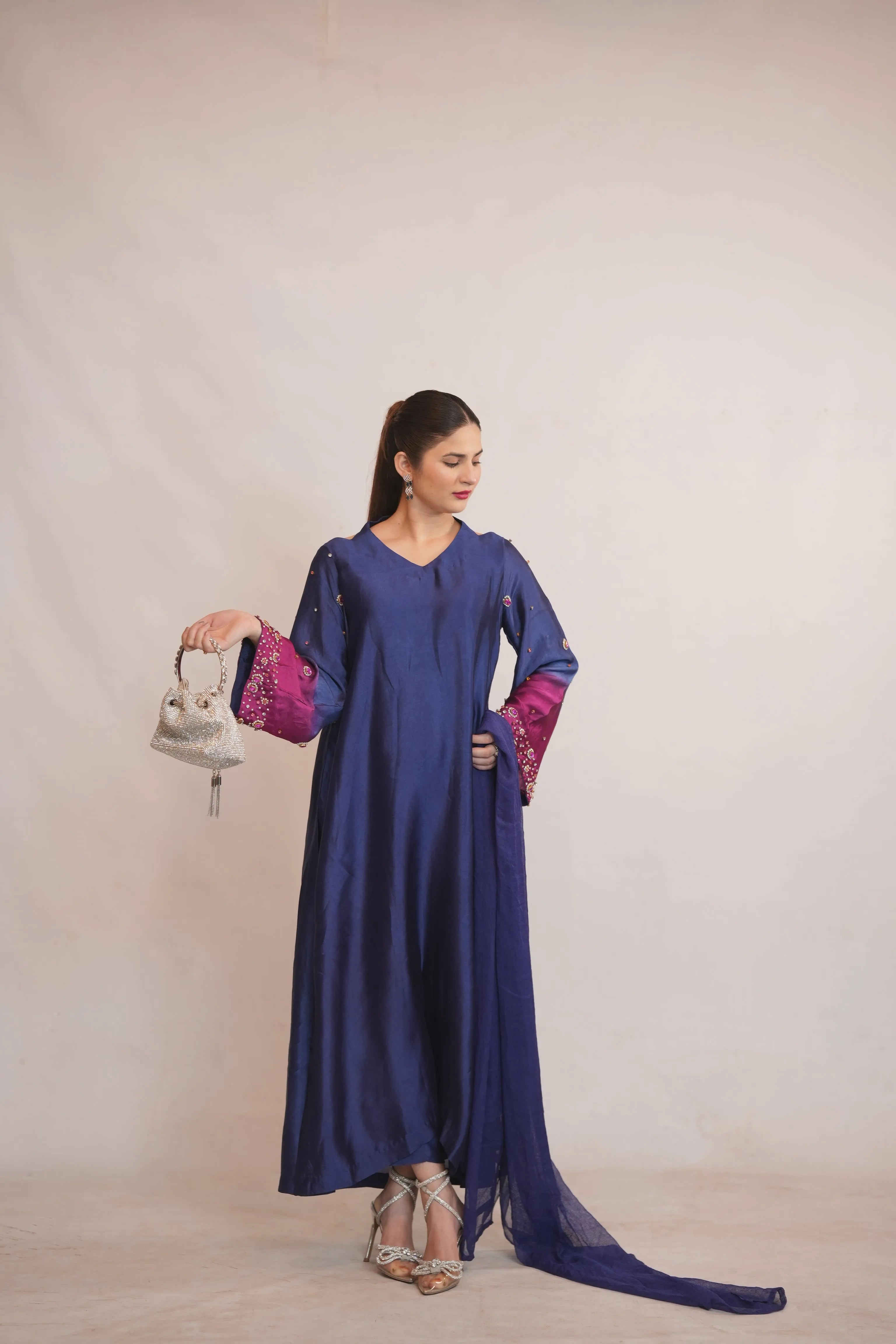 Royal Blue Silk Long Frock with Embellished Sleeves – Luxury Formal Wear - Brands Kahani