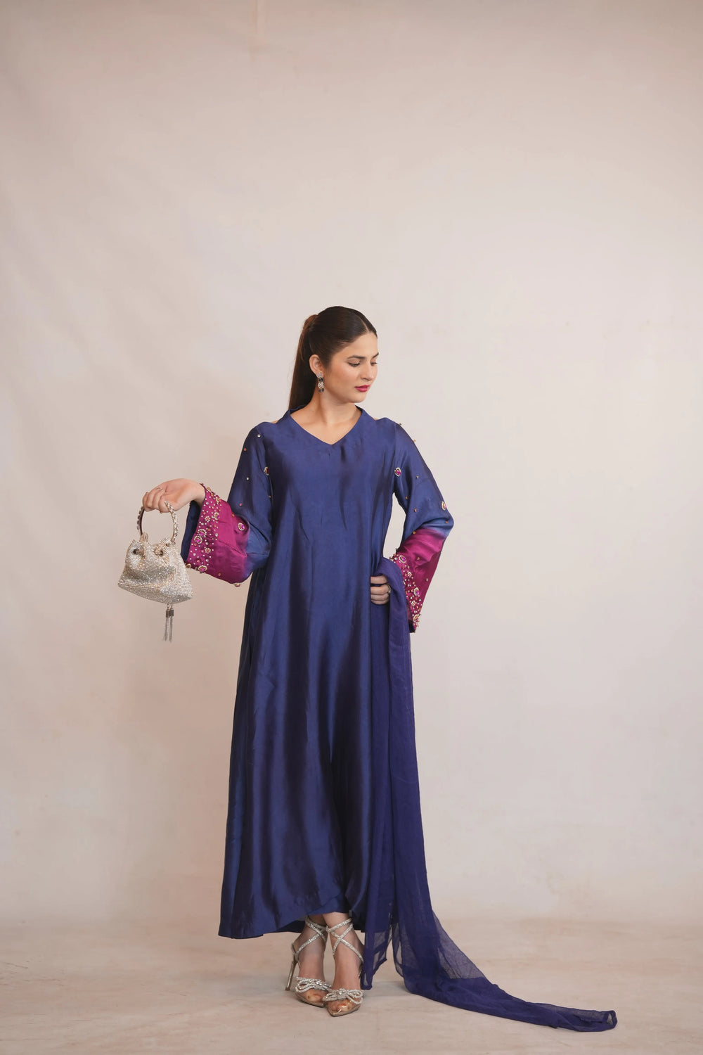 Royal Blue Silk Long Frock with Embellished Sleeves – Luxury Formal Wear - Brands Kahani