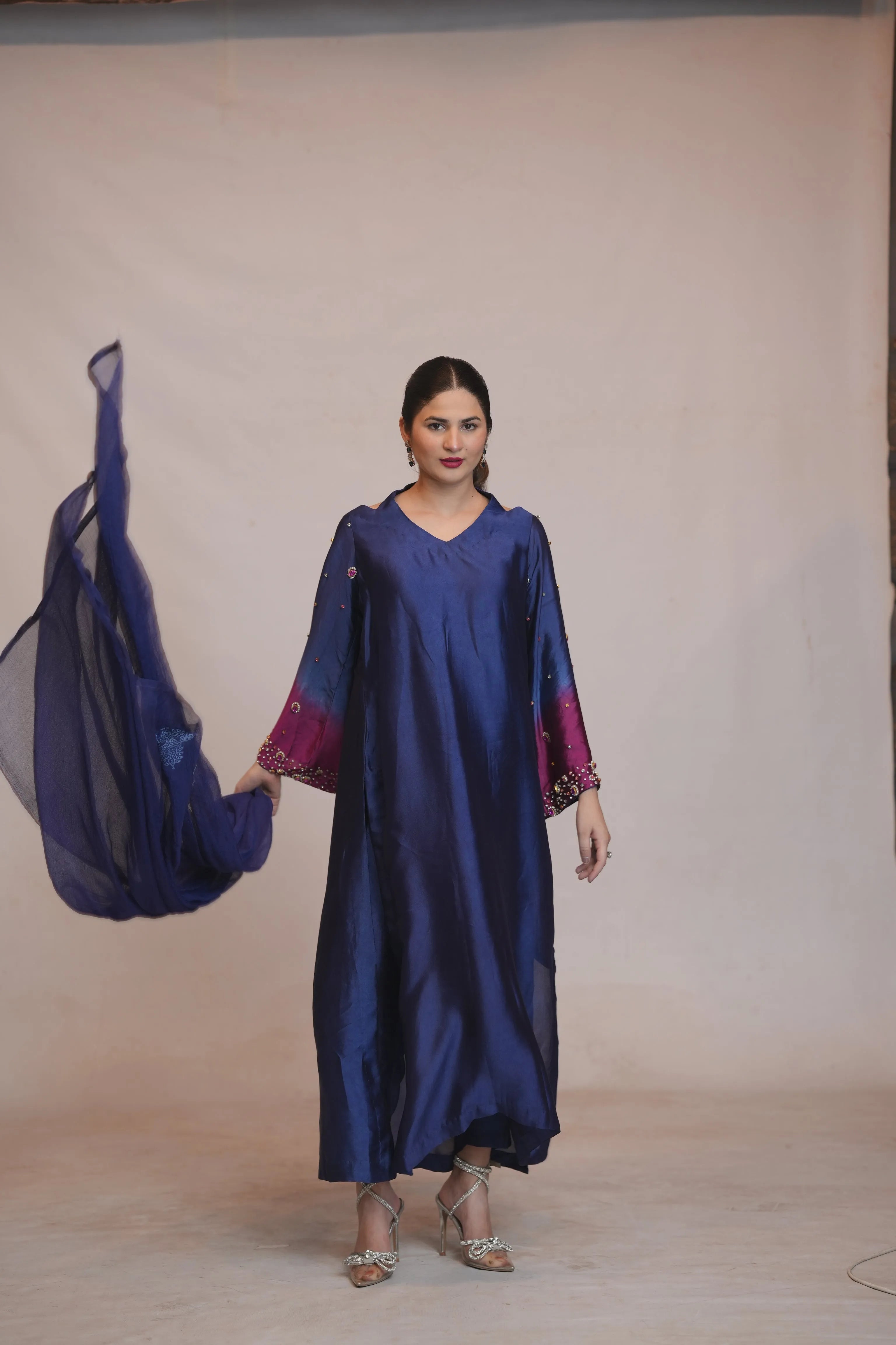 Royal Blue Silk Long Frock with Embellished Sleeves – Luxury Formal Wear - Brands Kahani