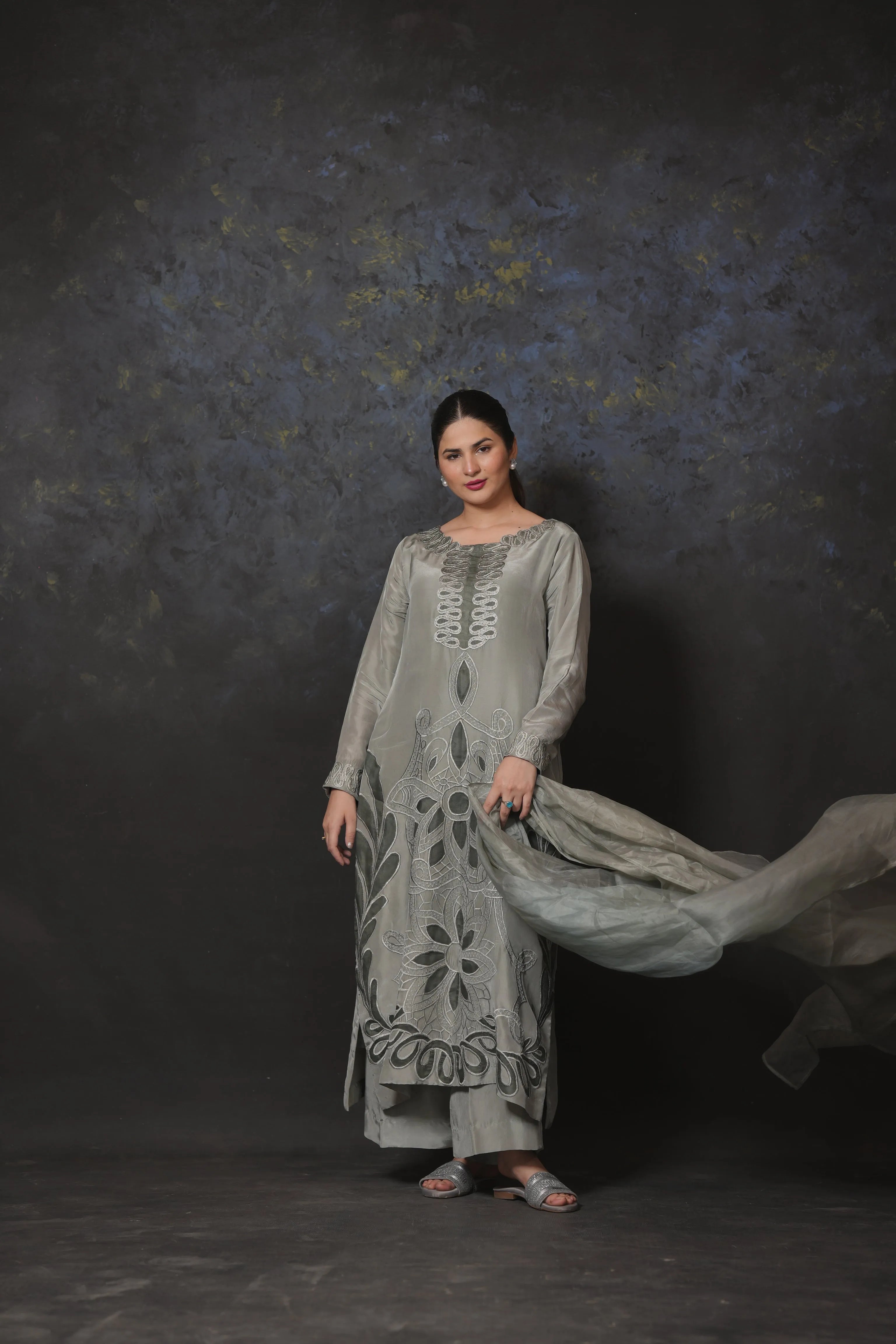 Elegant Grey Embroidered 3-Piece Lawn Suit – Festive Wear - Brands Kahani