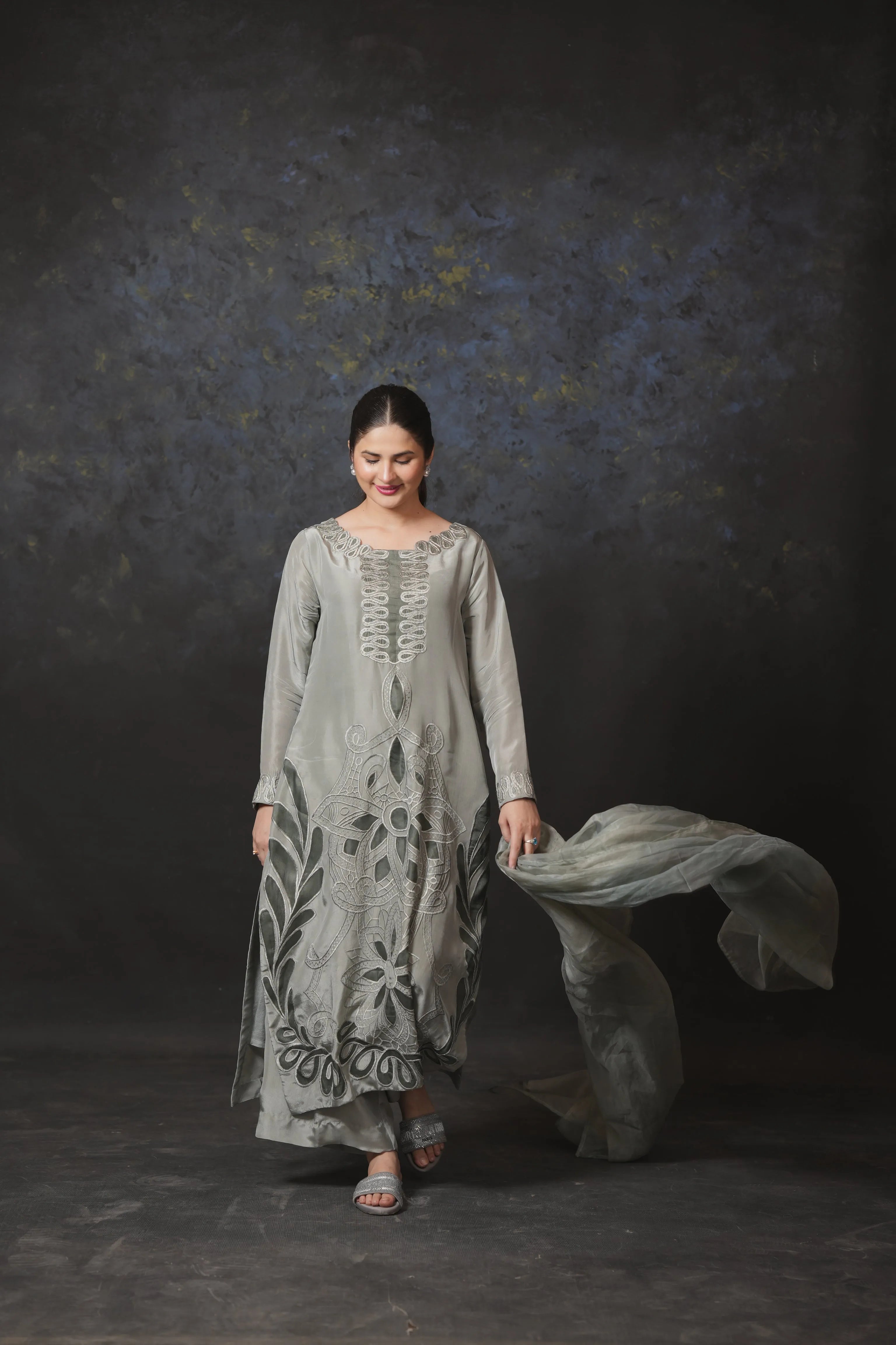 Elegant Grey Embroidered 3-Piece Lawn Suit – Festive Wear - Brands Kahani