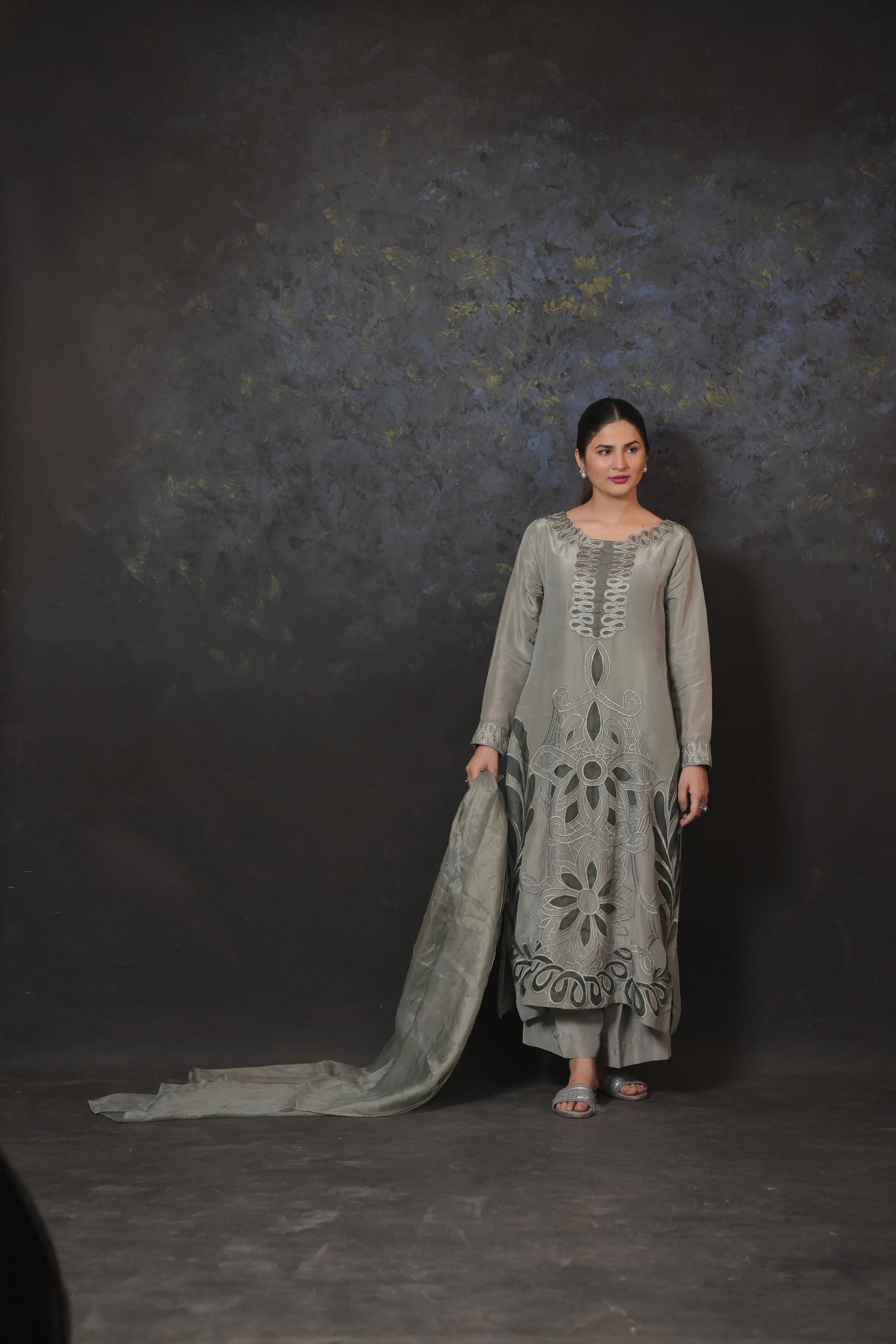 Elegant Grey Embroidered 3-Piece Lawn Suit – Festive Wear - Brands Kahani