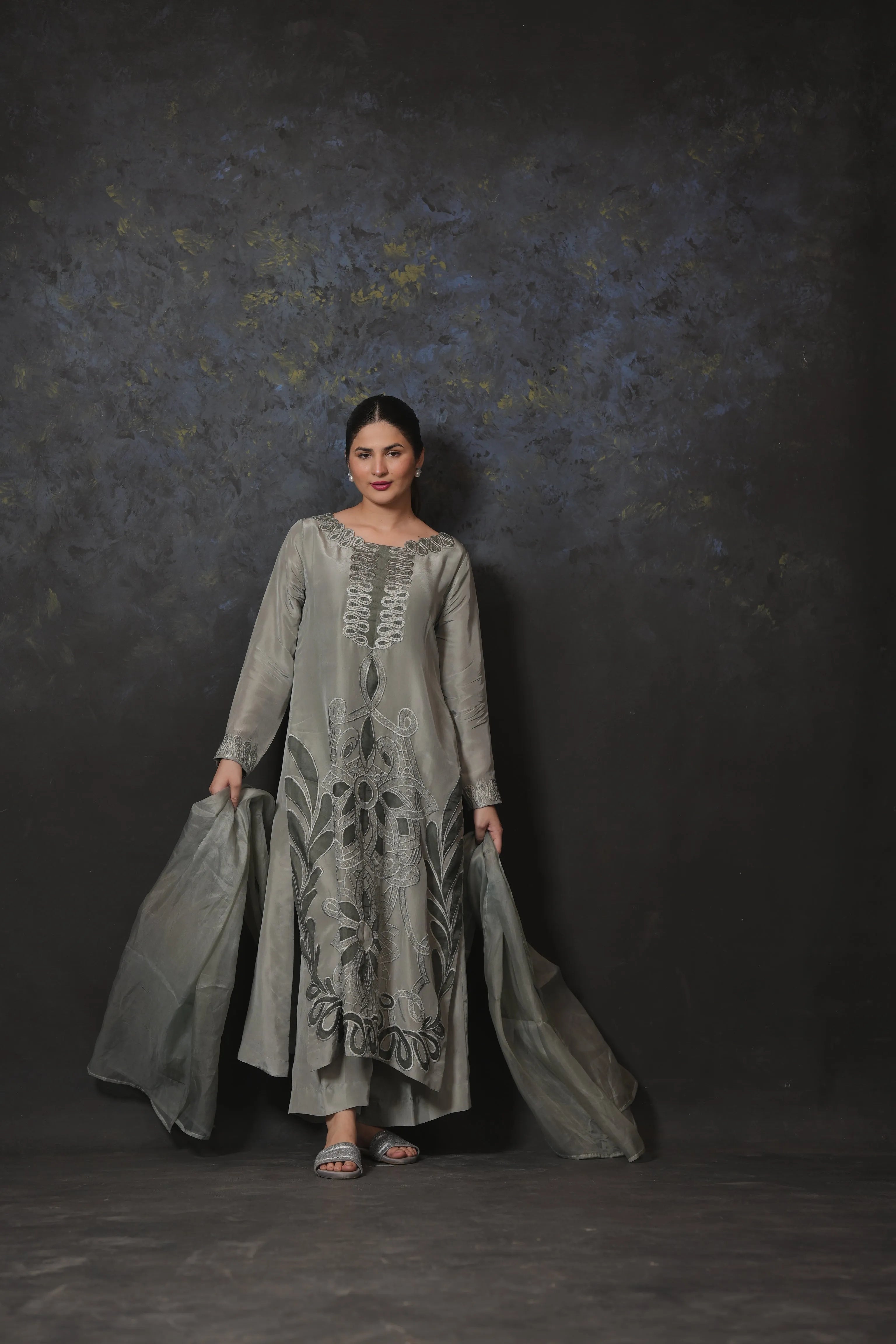 Elegant Grey Embroidered 3-Piece Lawn Suit – Festive Wear - Brands Kahani