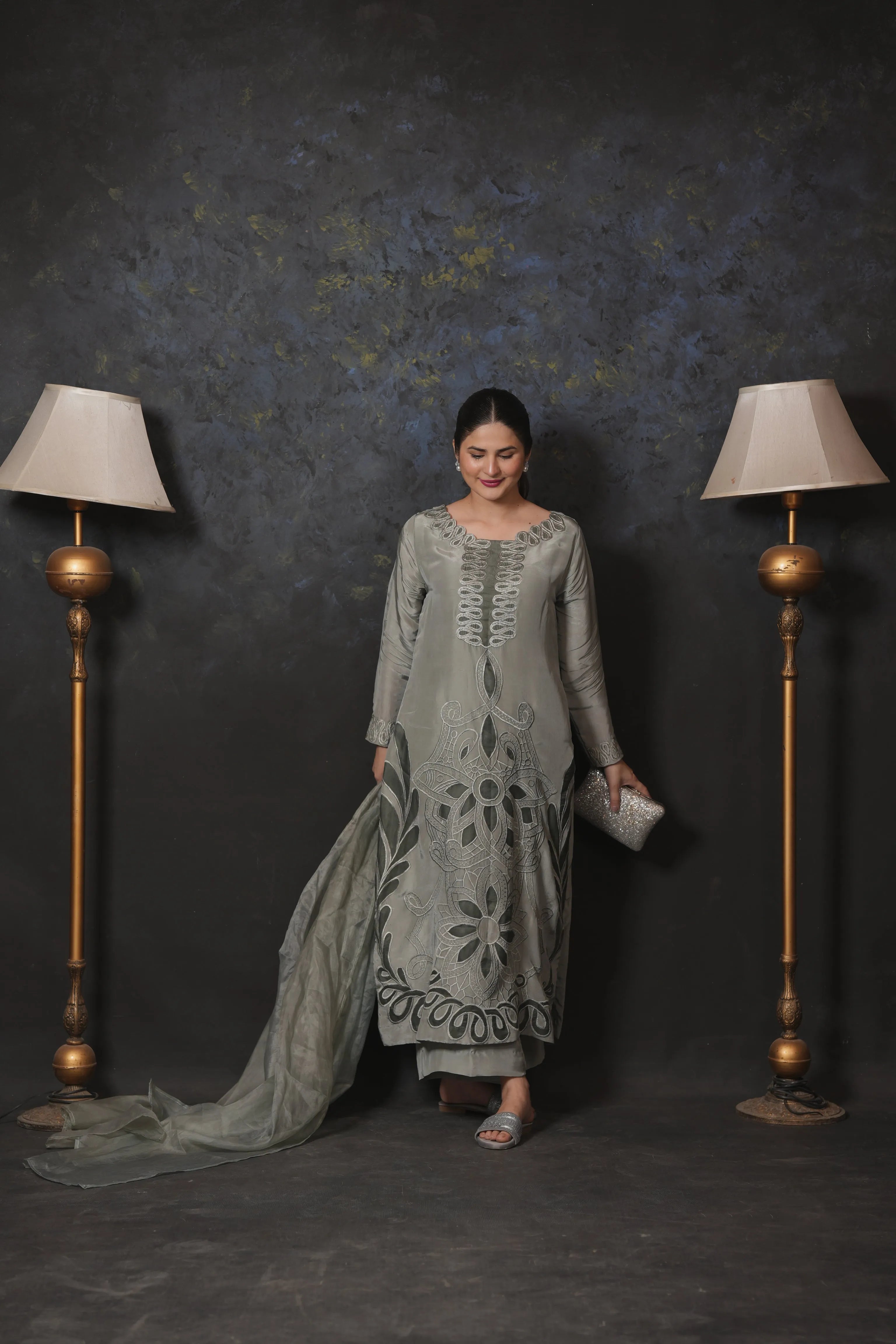 Elegant Grey Embroidered 3-Piece Lawn Suit – Festive Wear - Brands Kahani