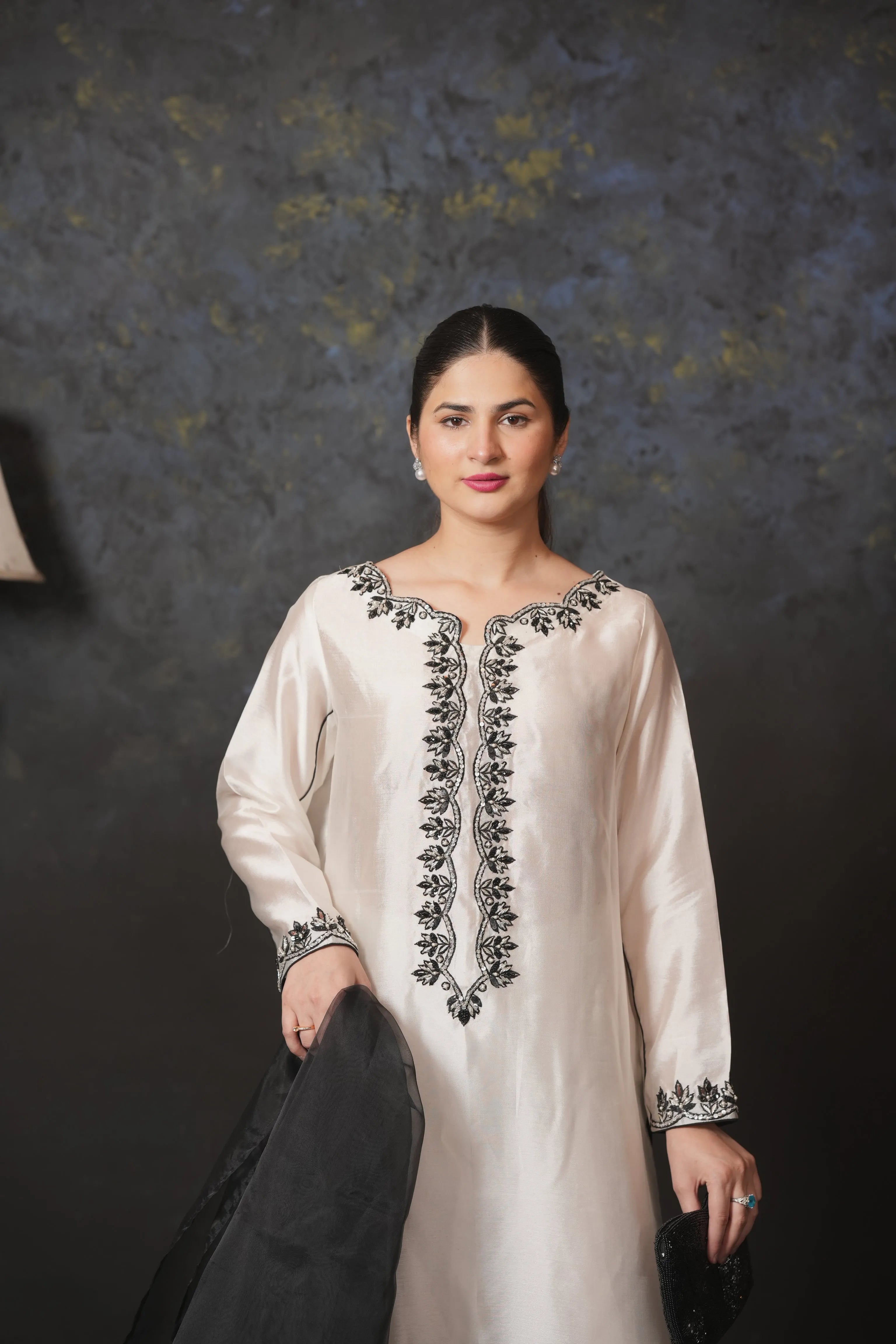 Elegant Off-White Embroidered Formal Kurta with Black Dupatta – 3-Piece Set - Brands Kahani