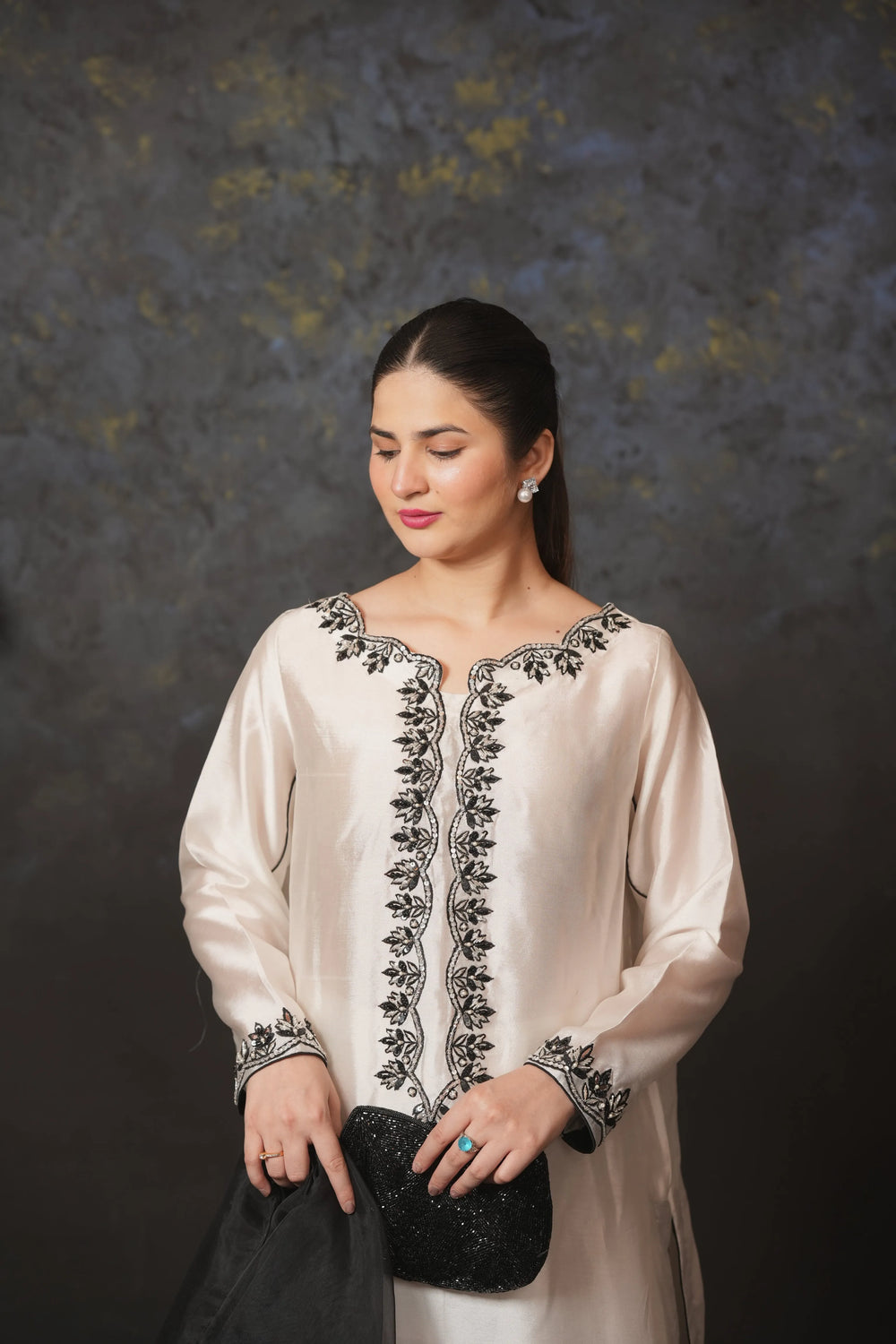 Elegant Off-White Embroidered Formal Kurta with Black Dupatta – 3-Piece Set - Brands Kahani