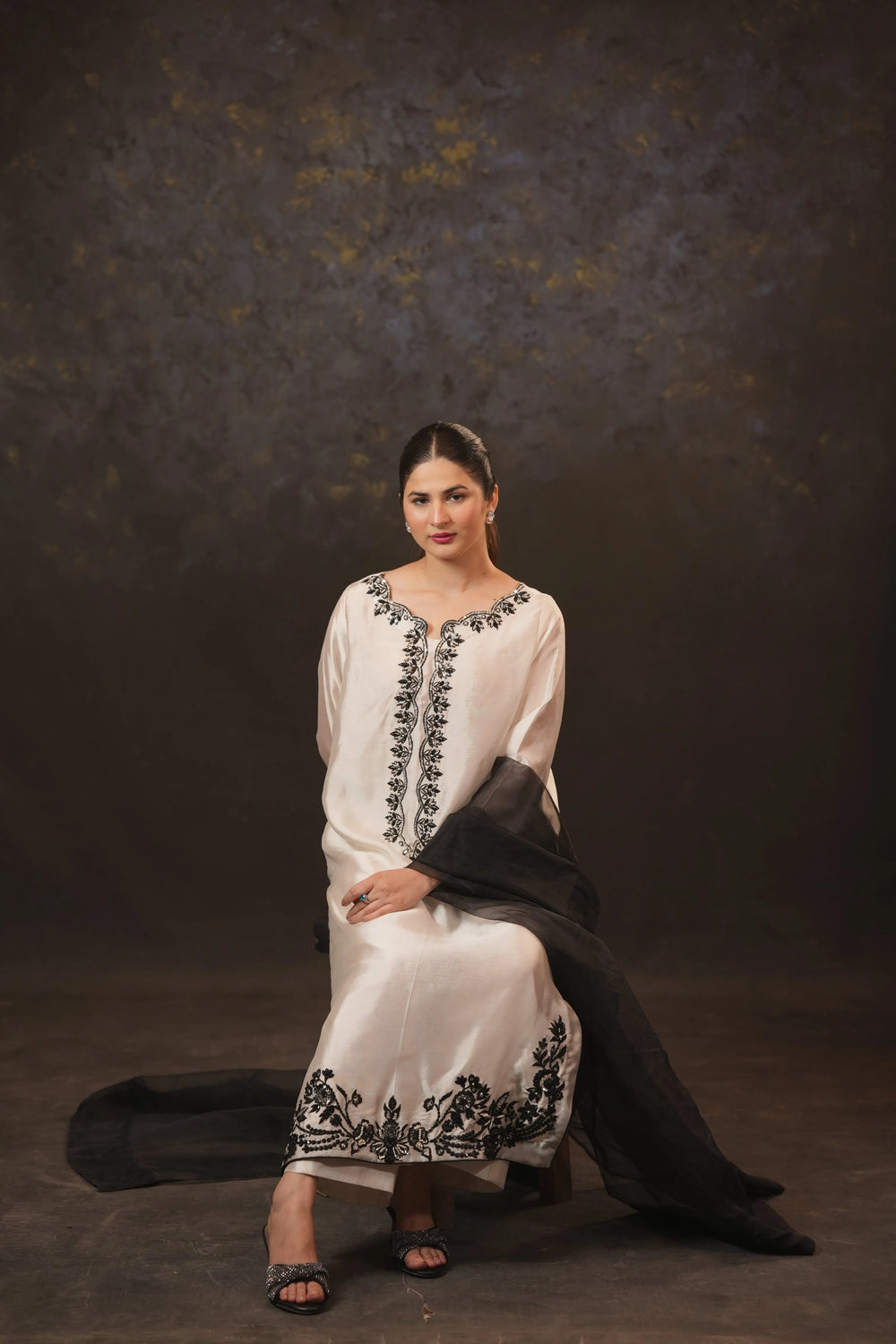 Elegant Off-White Embroidered Formal Kurta with Black Dupatta – 3-Piece Set - Brands Kahani