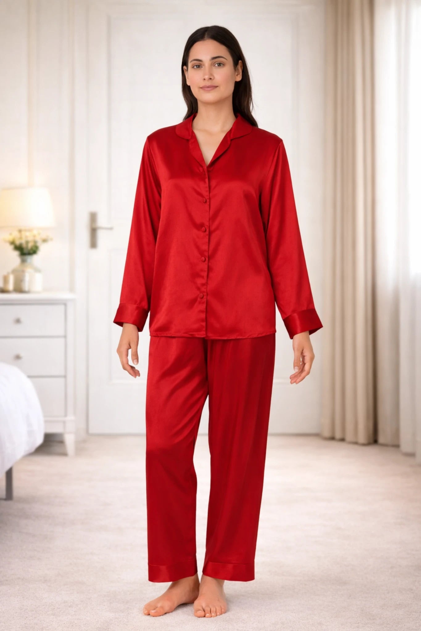 Women’s Silk Night Suit – Full Sleeves & Trouser Set