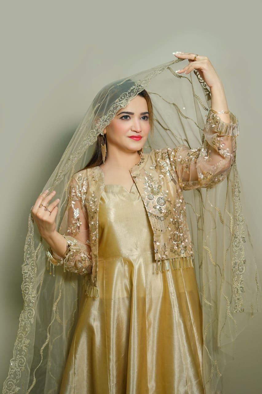 Champagne Gold Silk Maxi Dress with Net Jacket | Luxury Formal Wear – Kahani47 - Brands Kahani