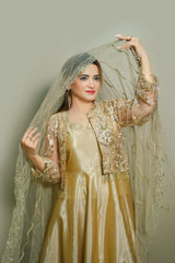 Champagne Gold Silk Maxi Dress with Net Jacket | Luxury Formal Wear – Kahani47 - Brands Kahani