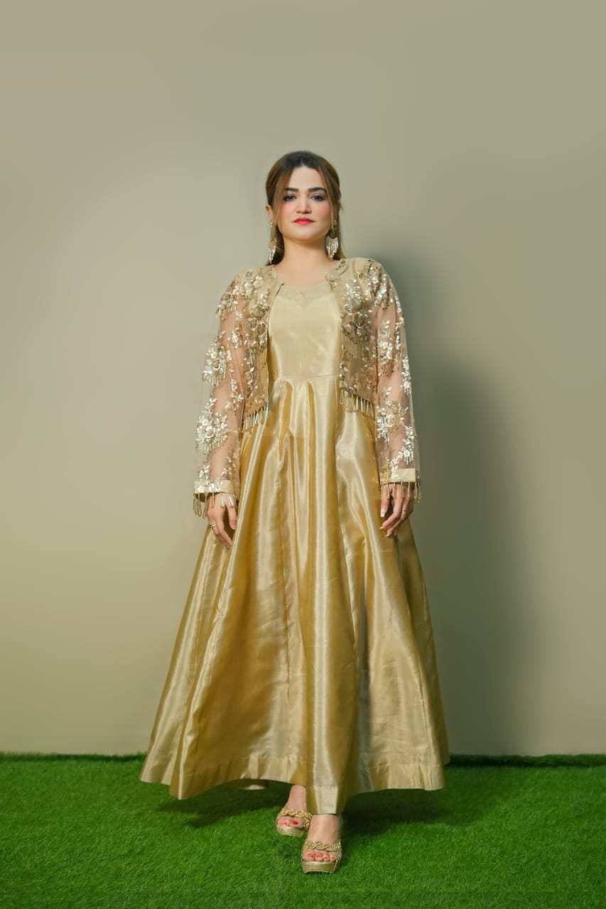 Champagne Gold Silk Maxi Dress with Net Jacket | Luxury Formal Wear – Kahani47 - Brands Kahani