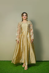 Champagne Gold Silk Maxi Dress with Net Jacket | Luxury Formal Wear – Kahani47 - Brands Kahani