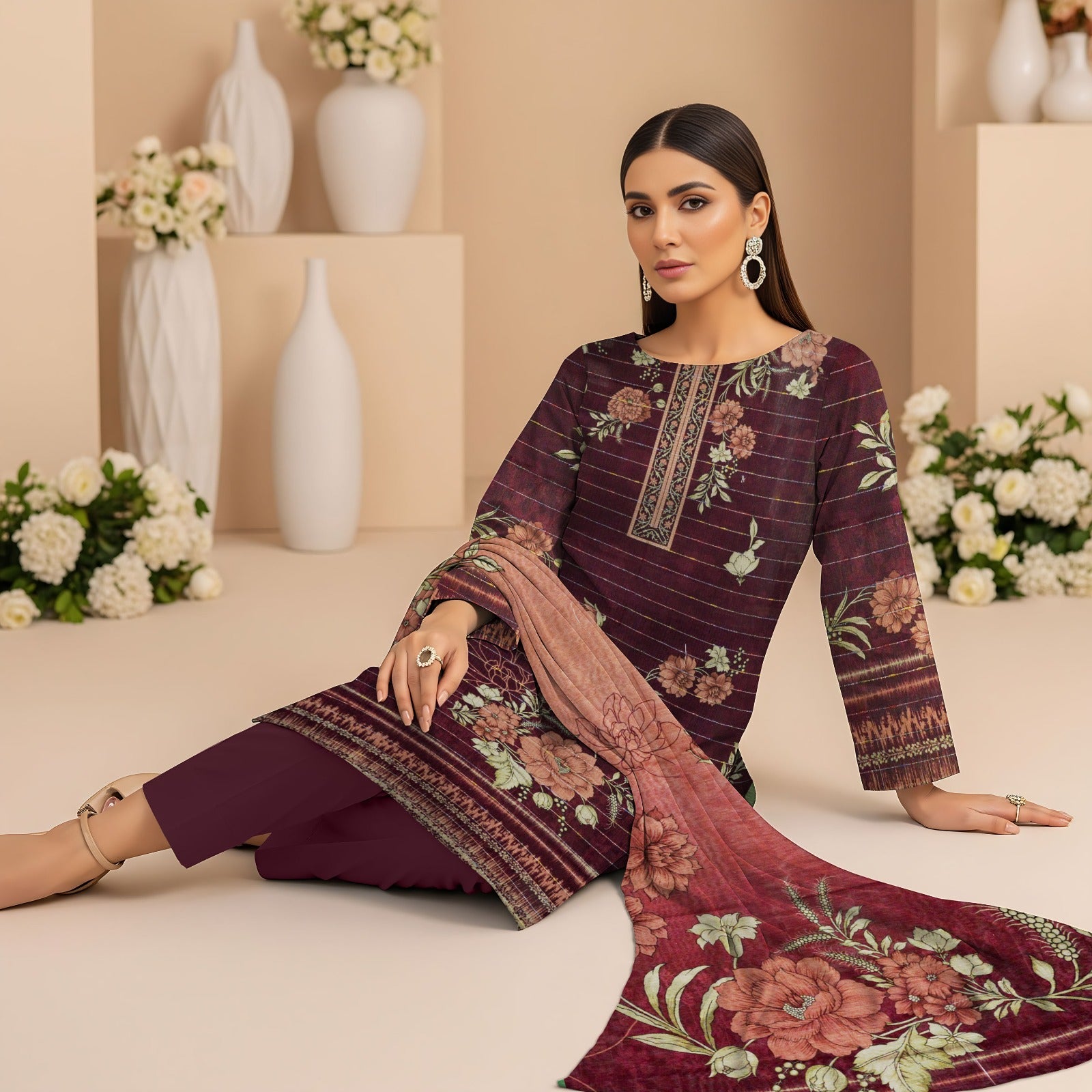 Looms Digital Printed Cotton Khaddar 3 Piece – Printed Shirt & Dupatta with Dyed Trouser