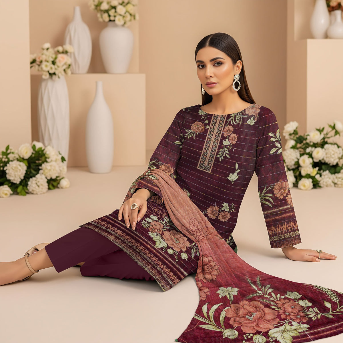 Looms Digital Printed Cotton Khaddar 3 Piece – Printed Shirt & Dupatta with Dyed Trouser