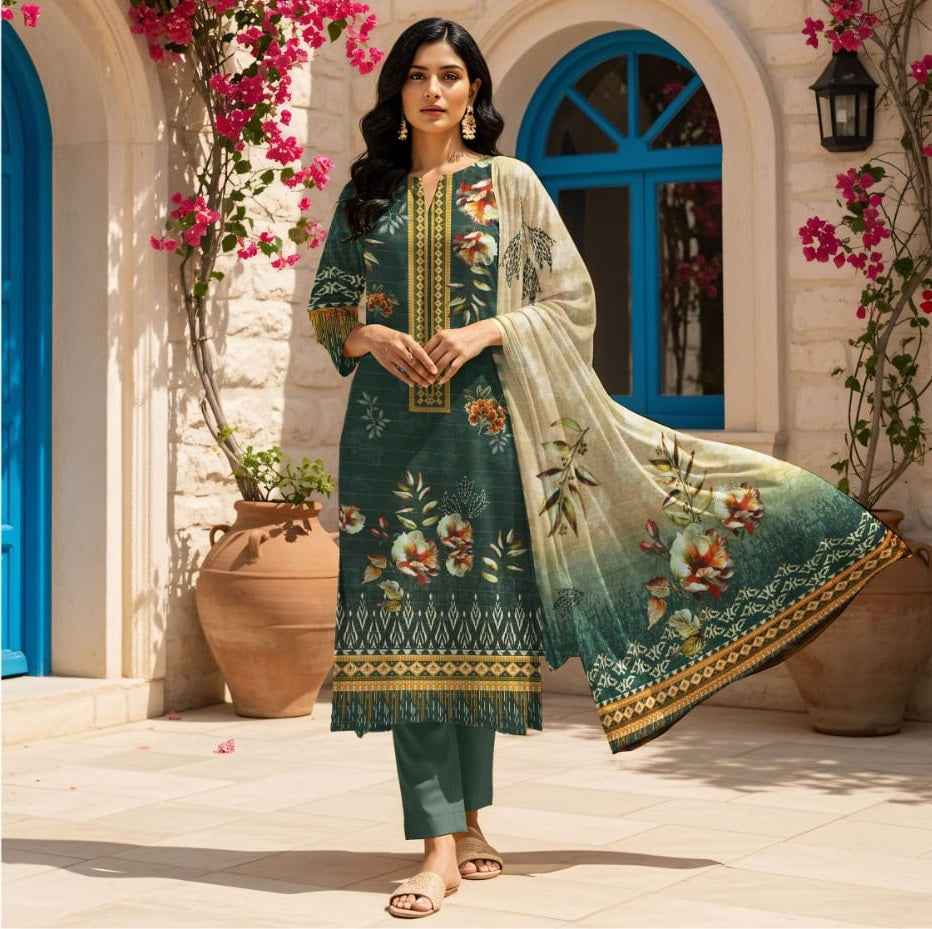 Digital Printed Cotton Khaddar 3 Piece Suit – Printed Dupatta & Plain Trouser