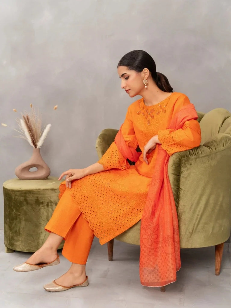 Elegant Orange Dobby Cotton 3-Piece Kurta Set - Attirepret - Brands Kahani