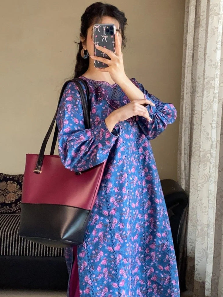 Blue Floral Cambric Suit with Magenta Trouser - Brands Kahani