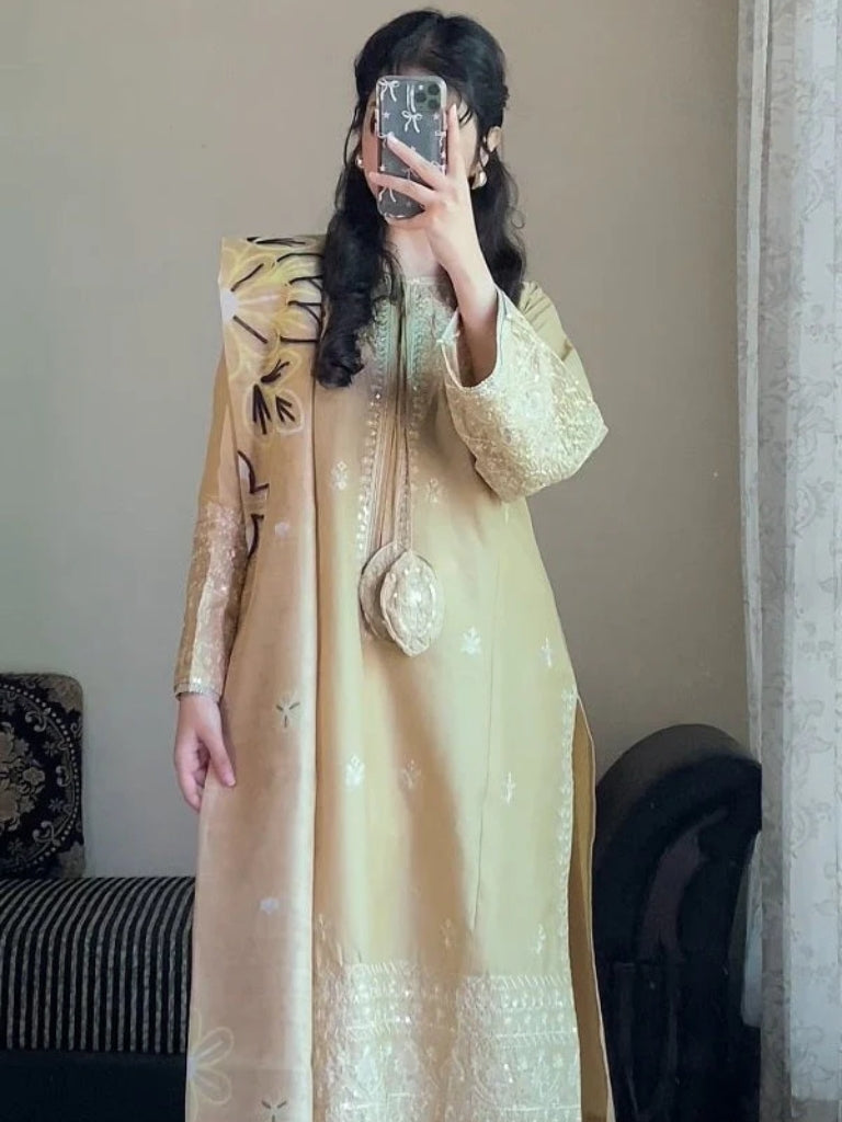 Graceful Golden 3-Piece Embroidered Cotton Suit – By Attirepret - Brands Kahani