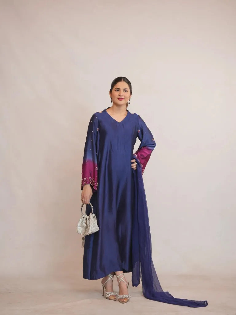 Royal Blue Silk Long Frock with Embellished Sleeves – Luxury Formal Wear - Brands Kahani