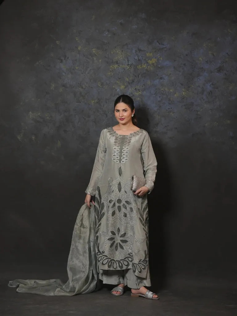 Elegant Grey Embroidered 3-Piece Lawn Suit – Festive Wear - Brands Kahani