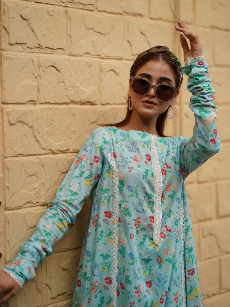 Mint Meadow Floral Dress- unstitched - Brands Kahani
