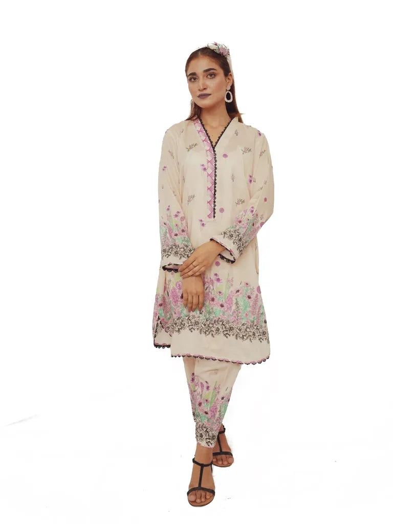 Blossom Beige Floral Printed- unstitched - Brands Kahani