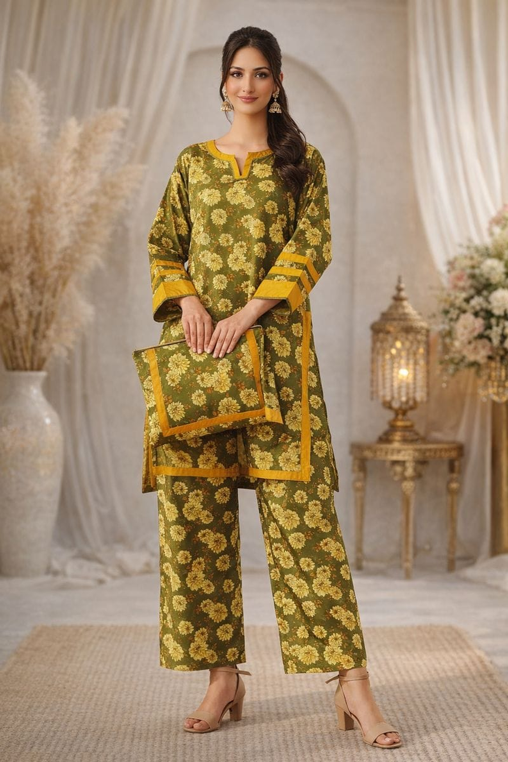 Printed Kurti & Trouser Set with Hand Beg for Women