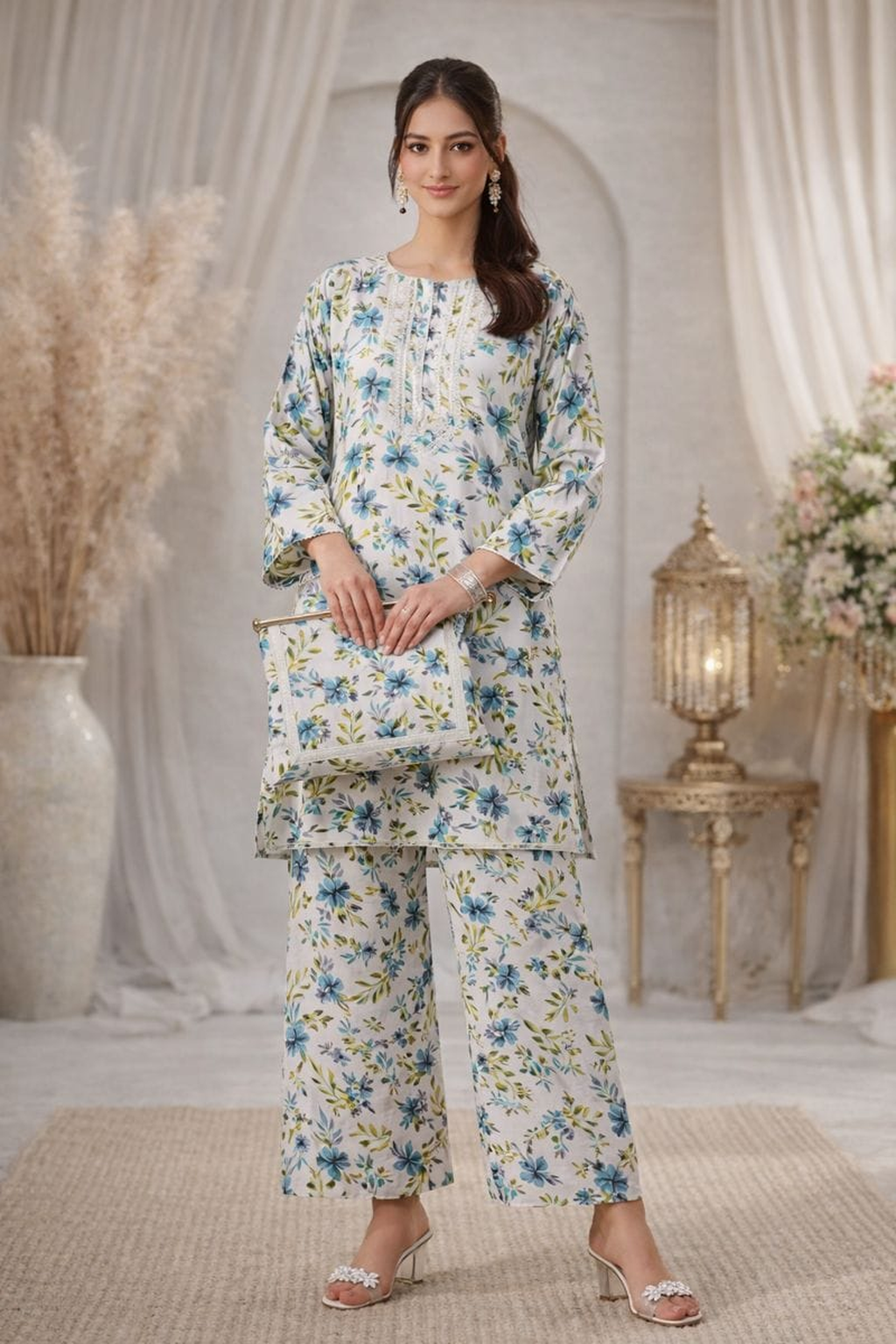 Printed Kurti & Trouser Set with Hand Beg for Women