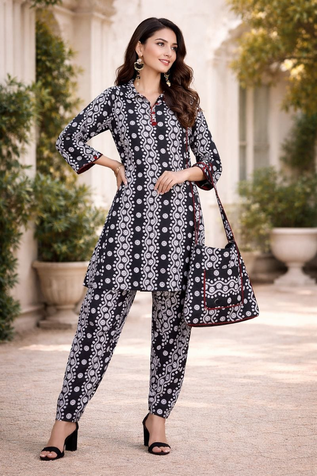 Printed Kurti & Trouser Set with Hand Beg for Women
