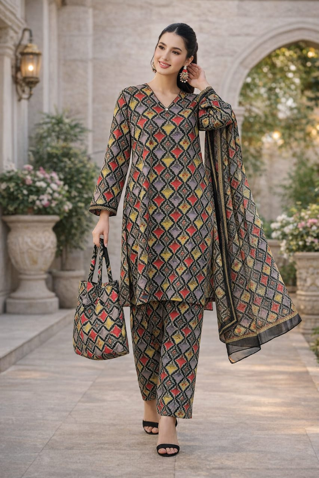 Printed Kurti & Trouser Set with Hand Beg for Women